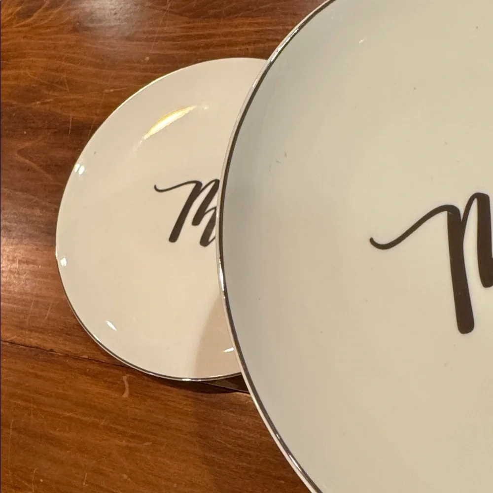 NWT Crate&Barrel Mr. Mrs. 8” Plate Set of 2 Wedding Cake Anniversary Bridal NEW